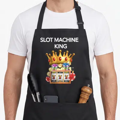 Hilarious machine apron - SLOT MACHINE KING text with gold crown, red blue chips, and 777 slot reels — shown on a black cotton canvas apron against a white background
