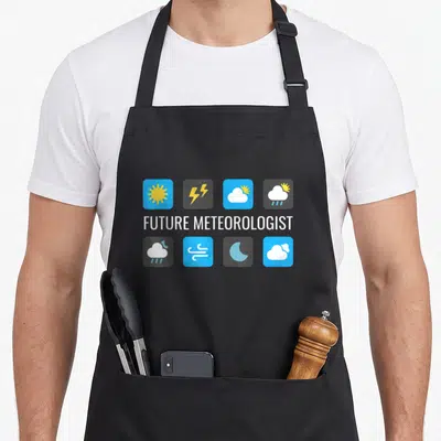 Future meteorologist squad apron - Two rows of four weather icons in colored squares with centered text — shown on a black cotton canvas apron against a white background