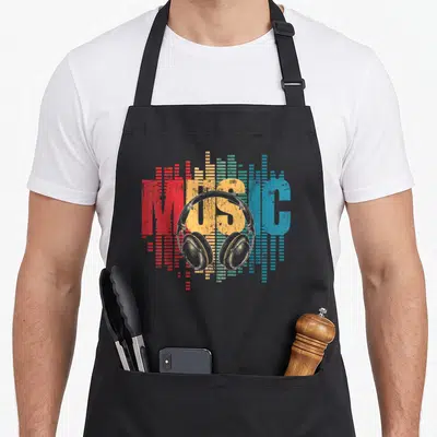 Electronic headphones apron - Grey headphones over distressed red yellow blue equalizer bars and MUSIC text — shown on a black cotton canvas apron against a white background