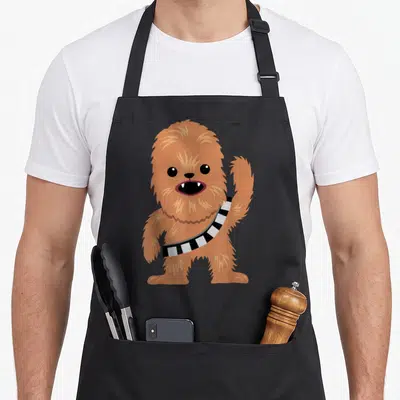 Cutie cartoon apron - Cartoon Chewbacca standing facing forward with striped bandolier in orange-brown and black — shown on a black cotton canvas apron against a white background