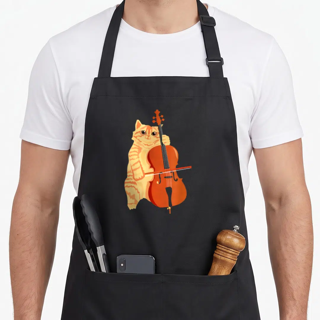 Kitten cello apron - Cartoon orange tabby cat standing and playing a cello with a bow — shown on a black cotton canvas apron against a white background