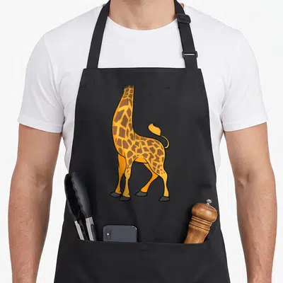 Halloween giraffe apron - Headless cartoon giraffe in orange and brown facing away from viewer — shown on a black cotton canvas apron against a white background