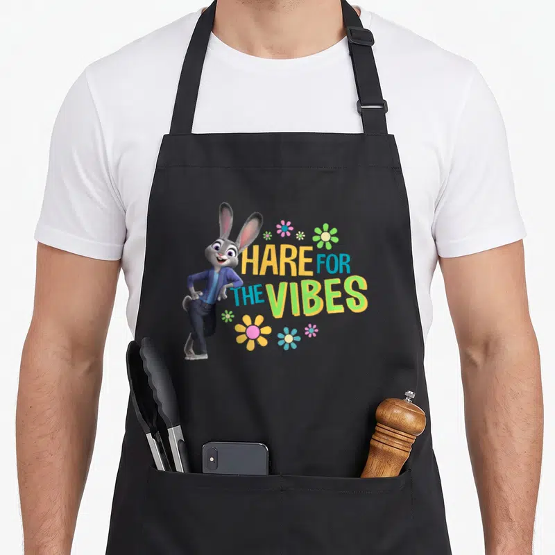 Hare novelty apron - Grey rabbit stands near Hare for the Vibes text surrounded by yellow, green, and blue flowers — shown on a black cotton canvas apron against a white background