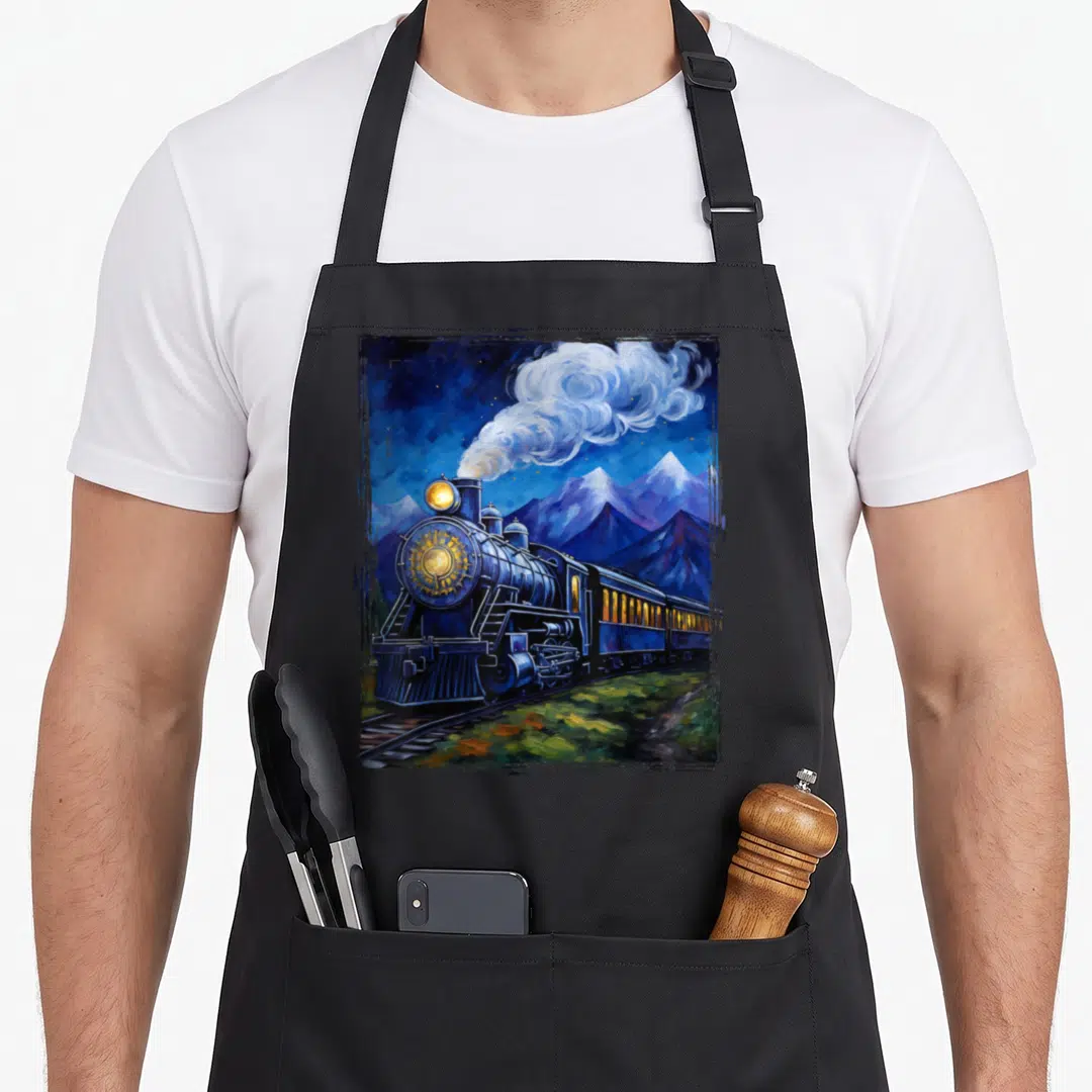 Steam van gogh apron - Realistic steam locomotive in blue and purple moving left with billowing smoke against mountain — shown on a black cotton canvas apron against a white background