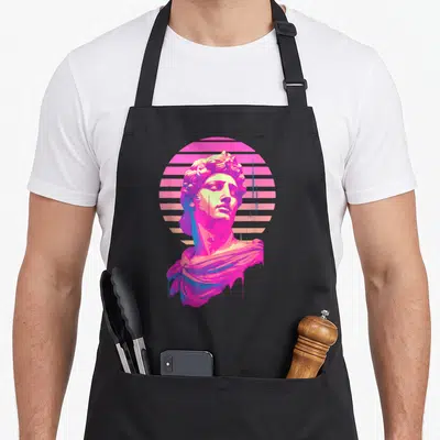 Apollo greek aprons - Retro statue bust in pink and blue against striped circle background — shown on a black cotton canvas apron against a white background