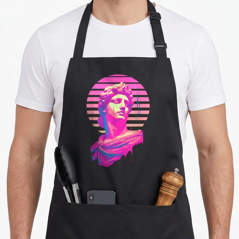 Apollo greek aprons - Retro statue bust in pink and blue against striped circle background — shown on a black cotton canvas apron against a white background