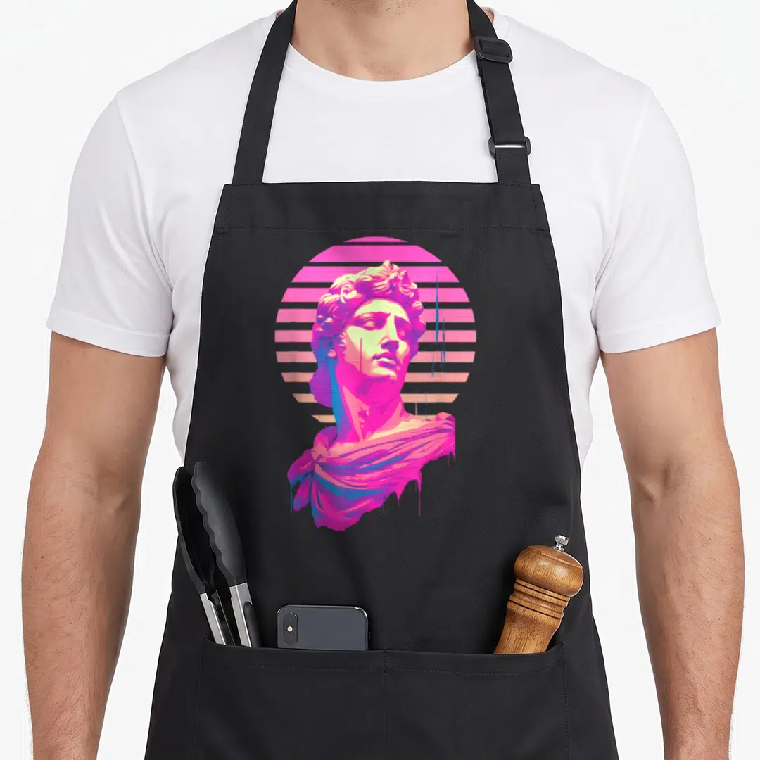Apollo greek aprons - Retro statue bust in pink and blue against striped circle background — shown on a black cotton canvas apron against a white background