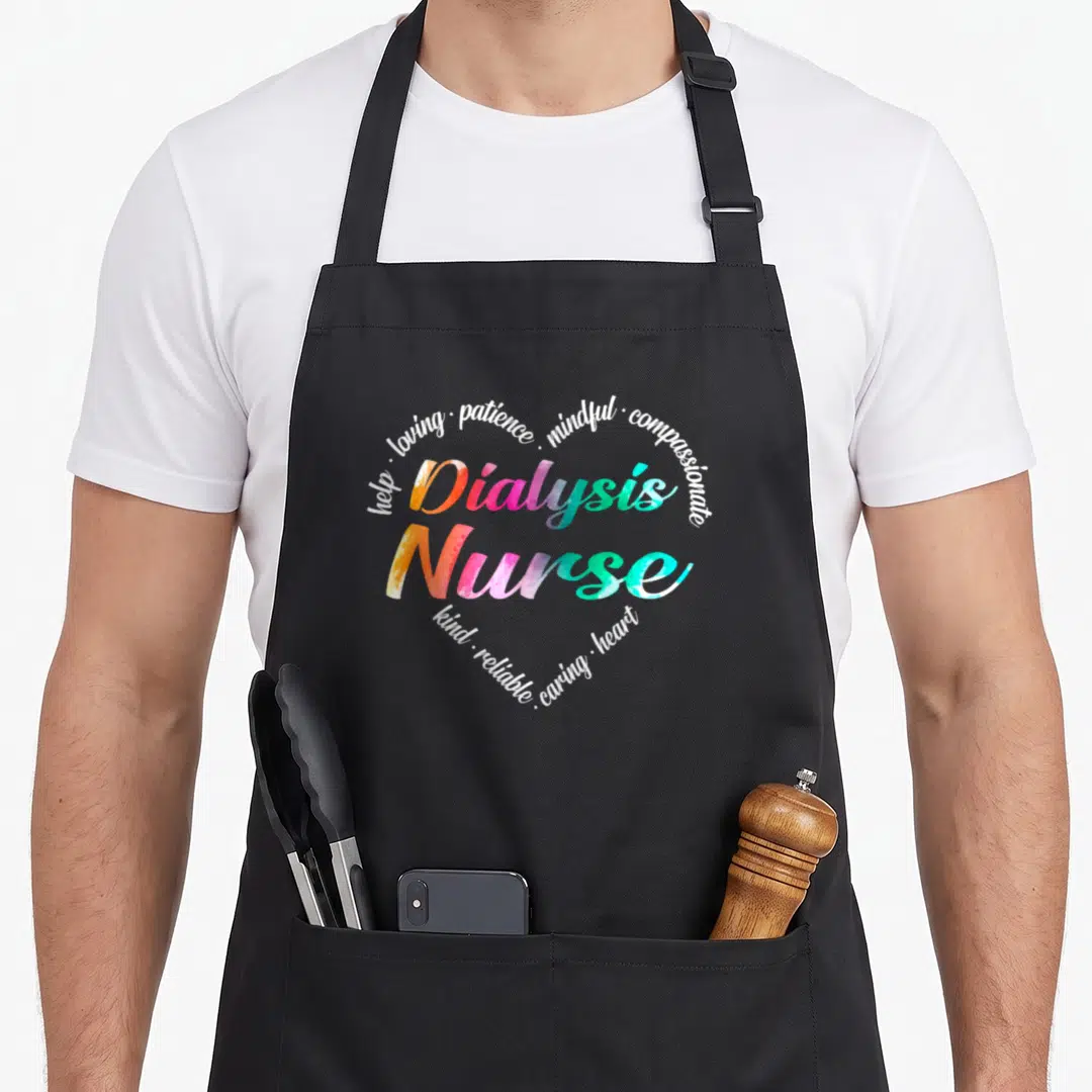 Cloud nurse apron - Watercolor rainbow heart word cloud with Dialysis Nurse and traits like patience and compassion — shown on a black cotton canvas apron against a white background