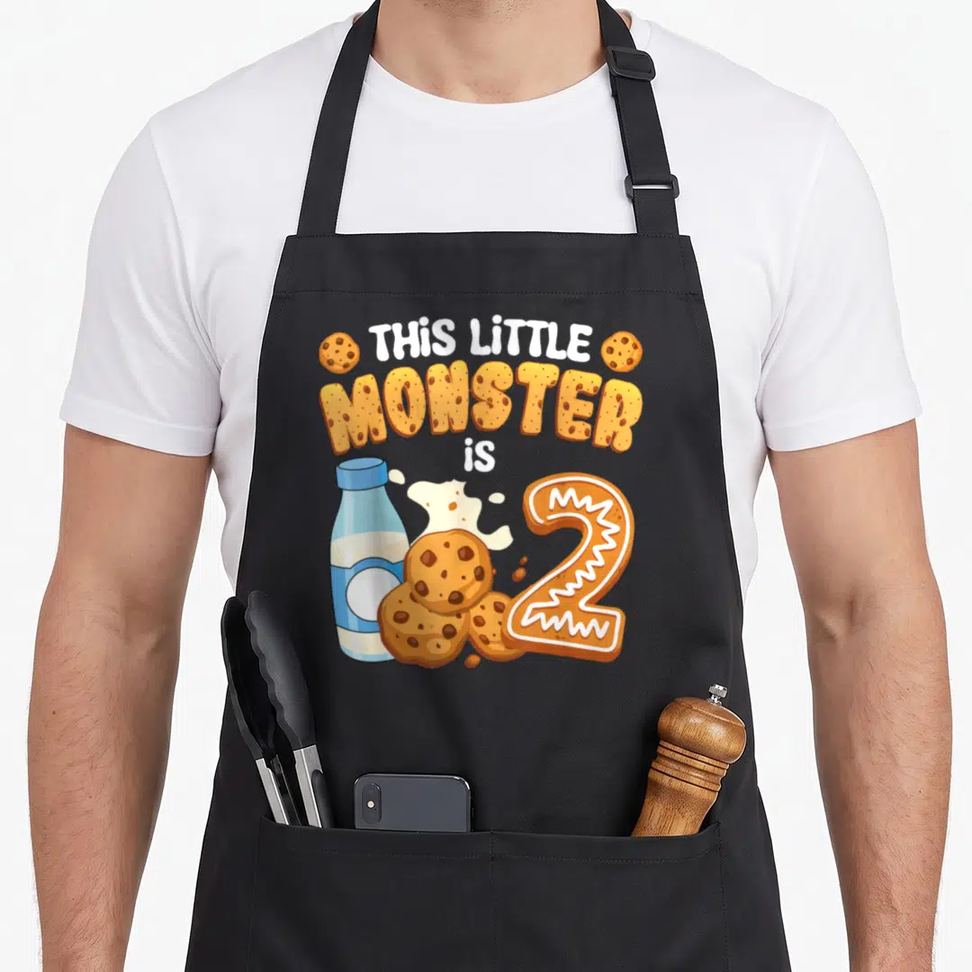 2nd cookies apron - Cartoon milk bottle, cookie cluster, and cookie-shaped number 2 with text — shown on a black cotton canvas apron against a white background