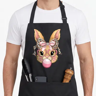 Face leopard easter bunny aprons - Tan cartoon rabbit head with leopard print bow, pink heart glasses, and pink — shown on a black cotton canvas apron against a white background