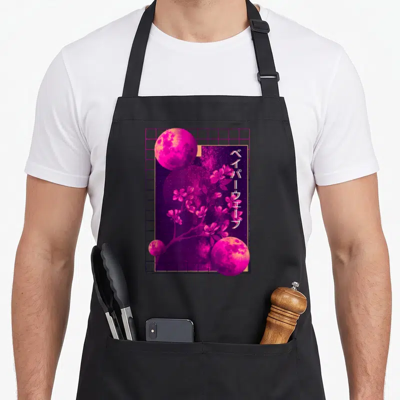 90s cherry print apron - Three pink moons and cherry blossoms over pink grid with vertical Japanese text — shown on a black cotton canvas apron against a white background