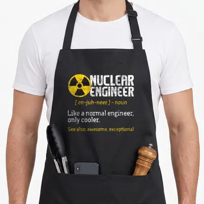 Radioactive engineer apron - Yellow radiation symbol next to white text defining nuclear engineer as cooler than normal — shown on a black cotton canvas apron against a white background