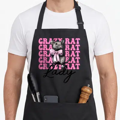 Mouse coquette mother's day aprons - Grey rat holding pink bow over five lines of pink text with black script reading — shown on a black cotton canvas apron against a white background
