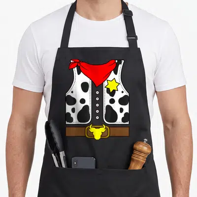 Bandana cowboy apron - Cartoon cow print vest with red bandana yellow star badge and brown bull head belt buckle — shown on a black cotton canvas apron against a white background