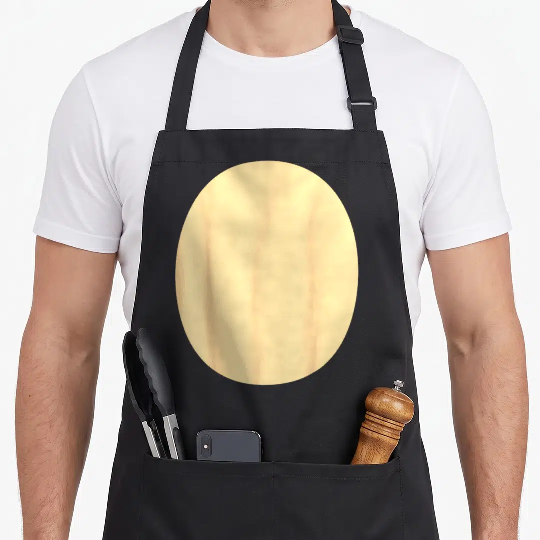 Bear belly halloween apron - Beige oval shape printed on black bib apron — shown on a black cotton canvas apron against a white background