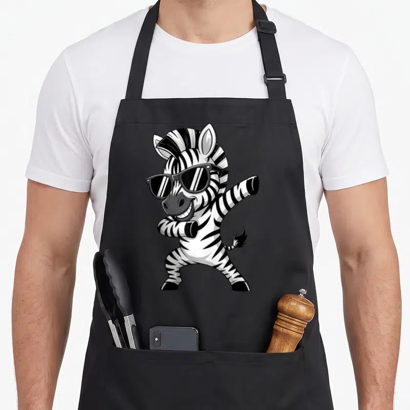 Clothe animal print apron - Cartoon zebra wearing sunglasses and striking a dynamic pose in black and white stripes — shown on a black cotton canvas apron against a white background