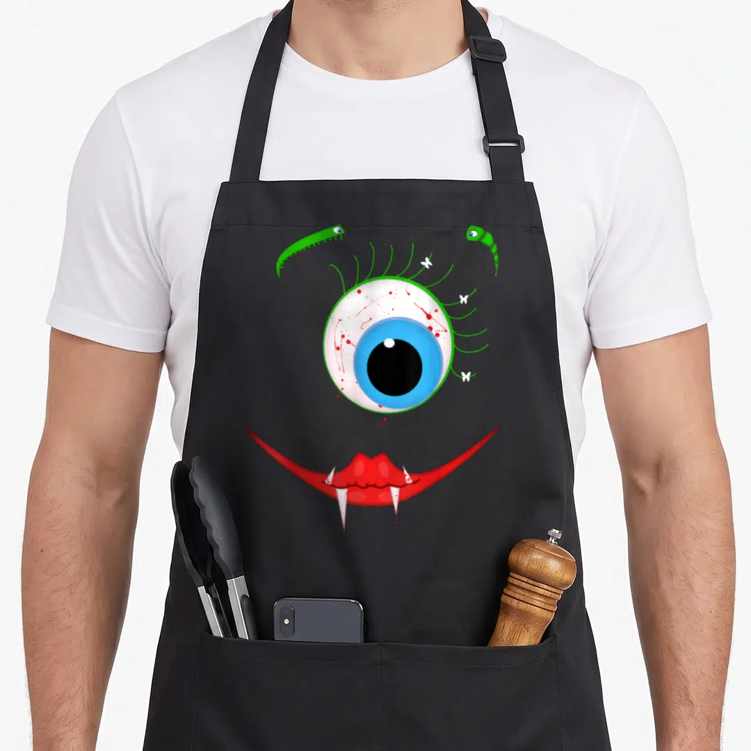 Bloodsucking halloween apron - Cartoon bloodshot eye with fanged mouth, green caterpillars, white butterflies, red — shown on a black cotton canvas apron against a white background