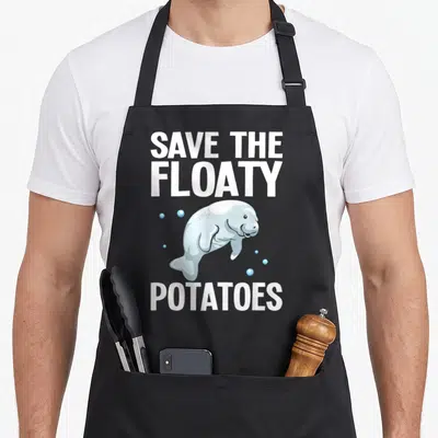 Floaty cow apron - Cartoon light blue manatee with bubbles and white text reading Save The Floaty Potatoes — shown on a black cotton canvas apron against a white background