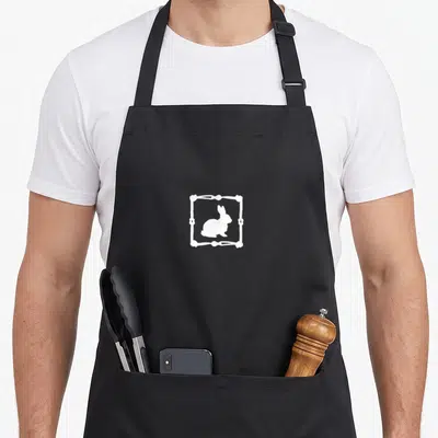 Rope bunny apron - White rabbit silhouette inside a square frame made of knotted rope lines — shown on a black cotton canvas apron against a white background