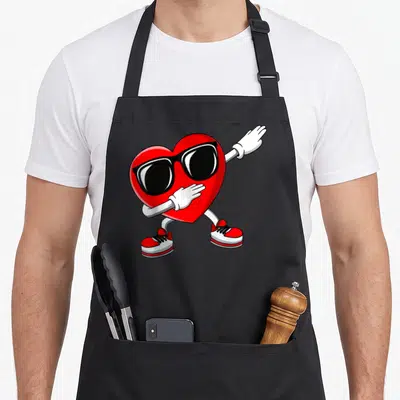 Dabbing valentine apron - Red heart character dabbing with sunglasses white gloves and red sneakers — shown on a black cotton canvas apron against a white background