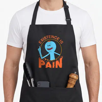 Existence general apron - Blue character inside orange circle with arched text and burning letters below — shown on a black cotton canvas apron against a white background