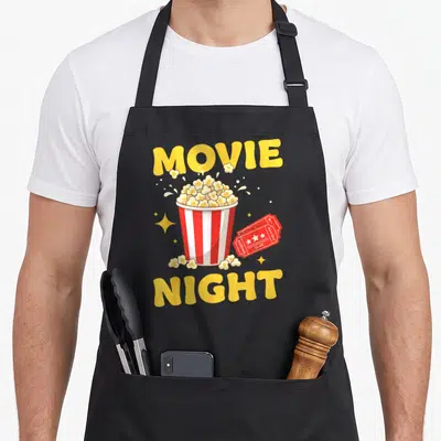 Move family aprons - Cartoon popcorn bucket with red white stripes and yellow MOVIE NIGHT text with red tickets — shown on a black cotton canvas apron against a white background