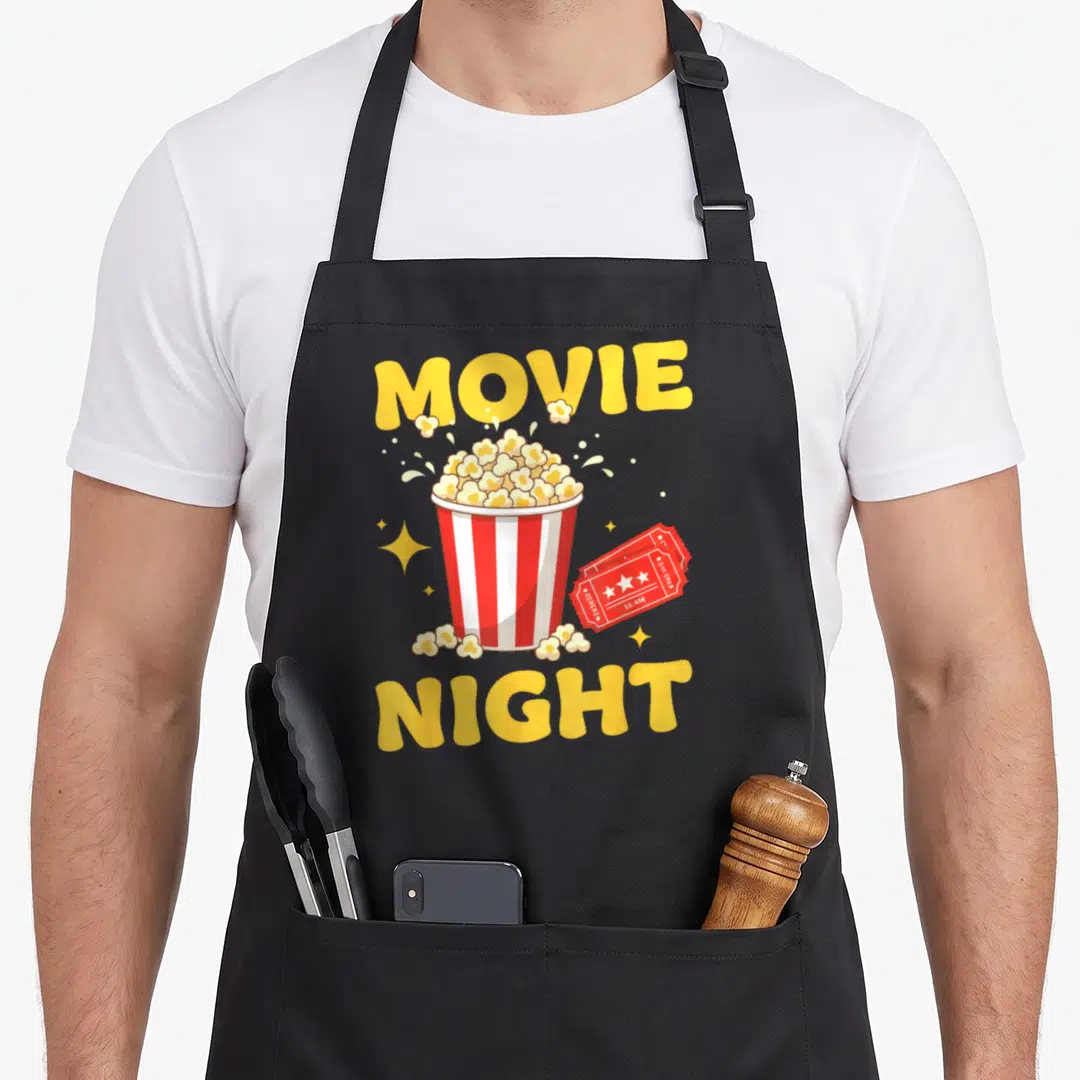 Move family aprons - Cartoon popcorn bucket with red white stripes and yellow MOVIE NIGHT text with red tickets — shown on a black cotton canvas apron against a white background