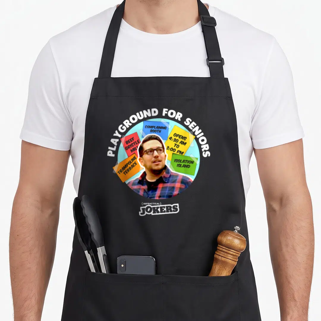 Impractical grade turkeys apron - Man in glasses surrounded by colorful notes reading COMPLAINING BOOTH and BEEF — shown on a black cotton canvas apron against a white background
