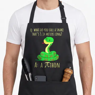 Python teacher apron - Coiled green snake with pi symbols and 3.14 meter pun text — shown on a black cotton canvas apron against a white background