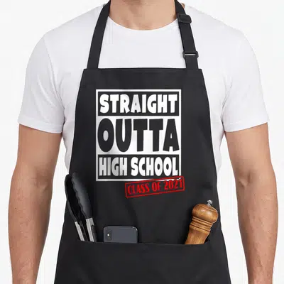 Straight outta school graduation apron - White and red rectangular typography reading STRAIGHT OUTTA HIGH SCHOOL CLASS — shown on a black cotton canvas apron against a white background