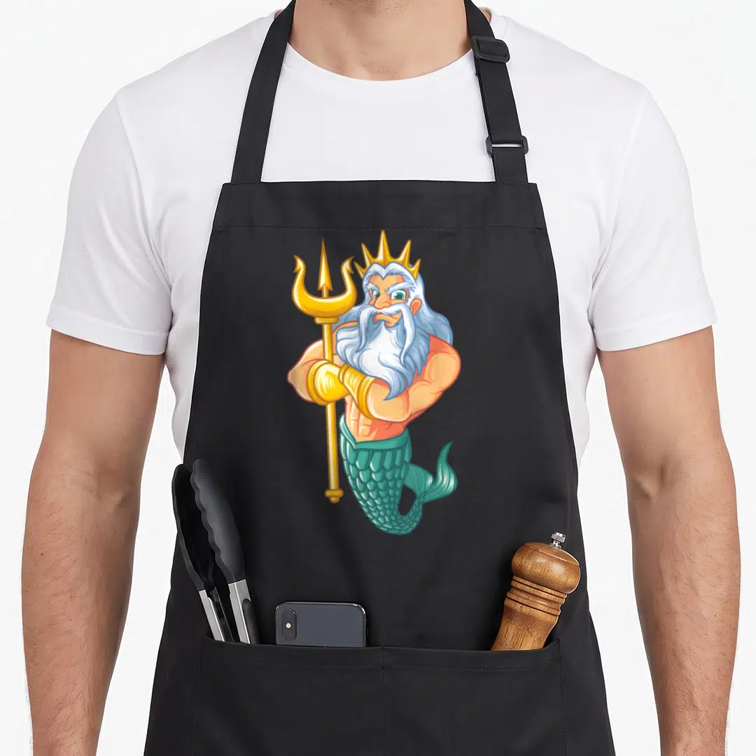 Swimming mermaid apron - Cartoon Poseidon holding a gold trident with teal scaled tail and white beard — shown on a black cotton canvas apron against a white background