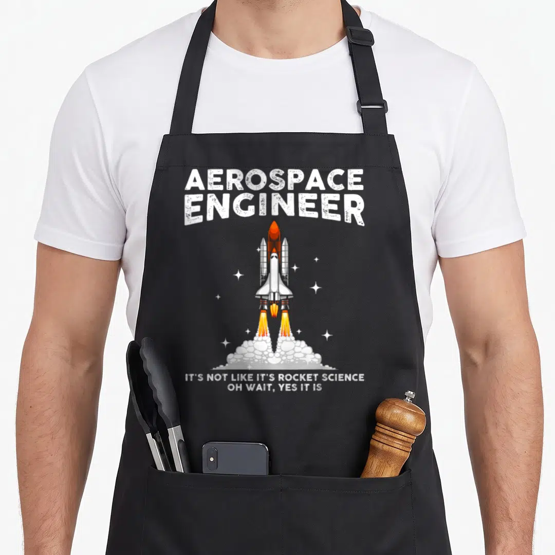 Funny aerospace engineer apron - Space shuttle launch with text Aerospace Engineer It's not like it's rocket science oh — shown on a black cotton canvas apron against a white background
