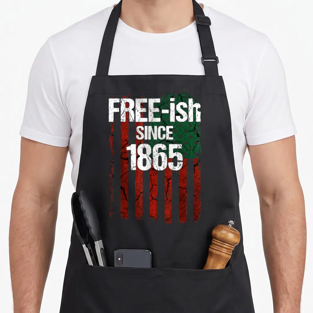 Free pride apron - Distressed red white and green flag with free-ish since 1865 text stacked vertically — shown on a black cotton canvas apron against a white background