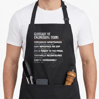 Glossary engineer apron - White text listing engineering terms with two gears in corner on grey background — shown on a black cotton canvas apron against a white background