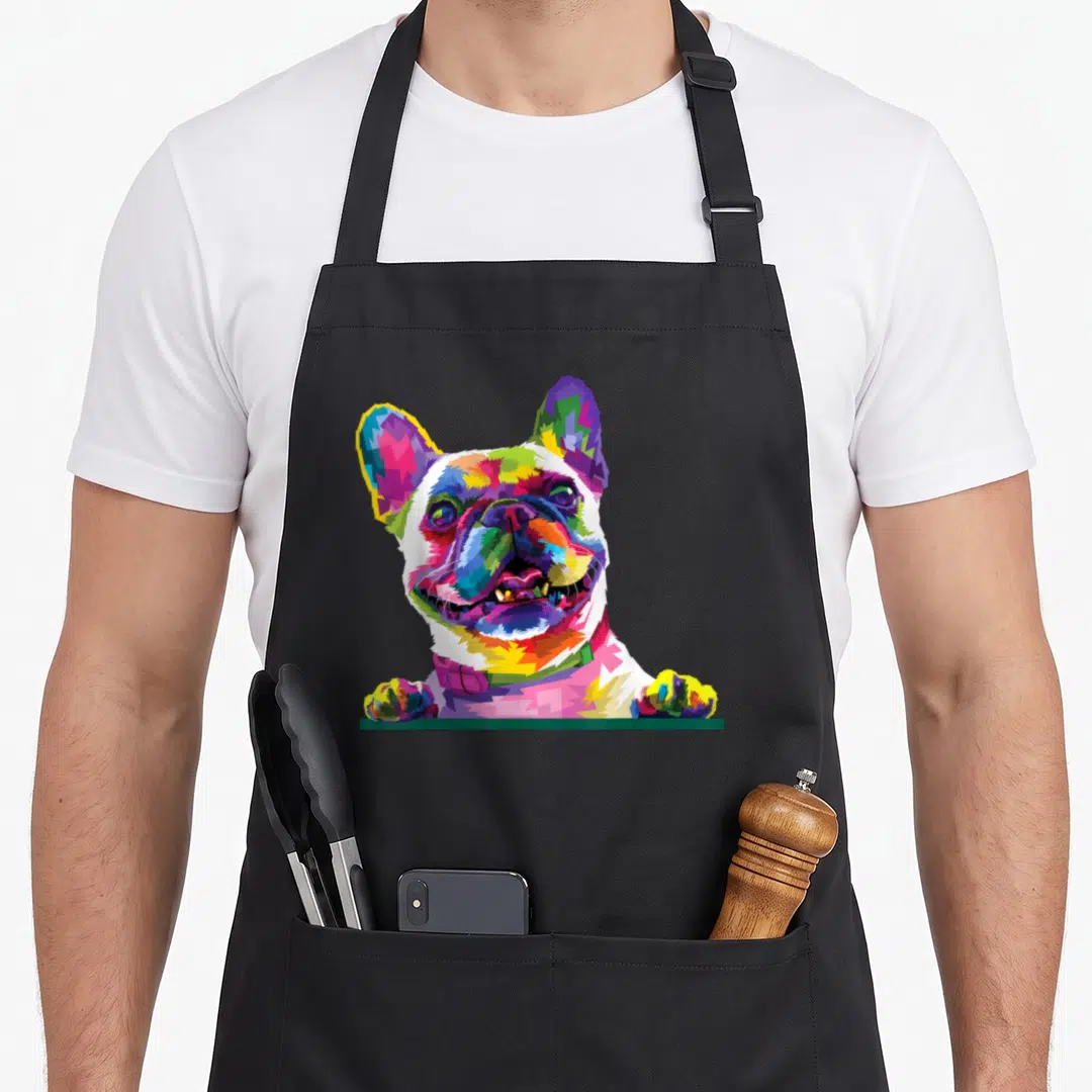 Colorful french bulldog apron - Multicolored cartoon French Bulldog peeking over green ledge with blue yellow red green — shown on a black cotton canvas apron against a white background