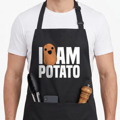 Potato food vegetable apron - Cartoon brown potato overlapping white I AM POTATO text — shown on a black cotton canvas apron against a white background