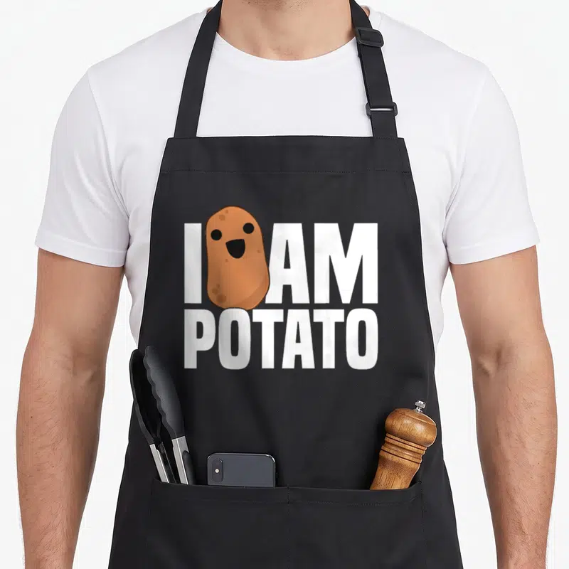 Potato food vegetable apron - Cartoon brown potato overlapping white I AM POTATO text — shown on a black cotton canvas apron against a white background