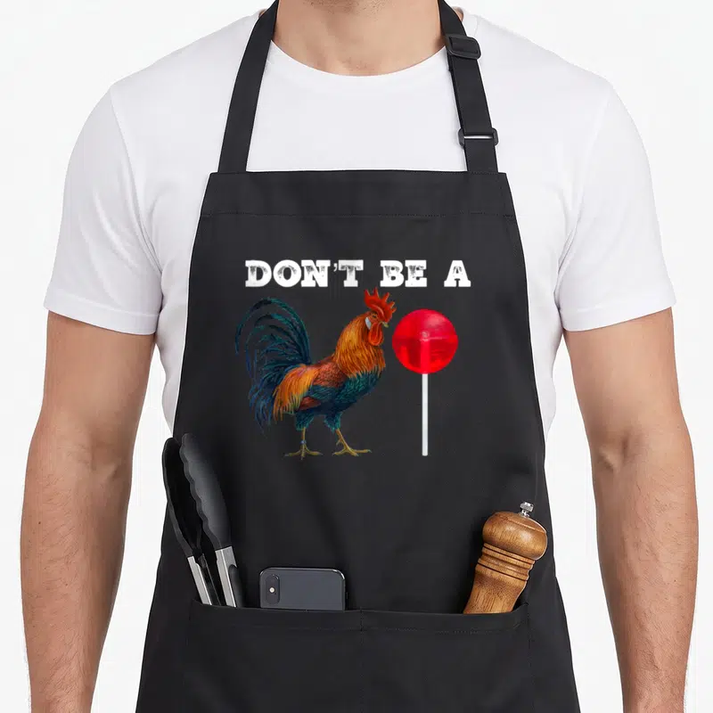 Lollipop rooster apron - Realistic rooster stands left of red lollipop under white 'Don't Be A' text — shown on a black cotton canvas apron against a white background