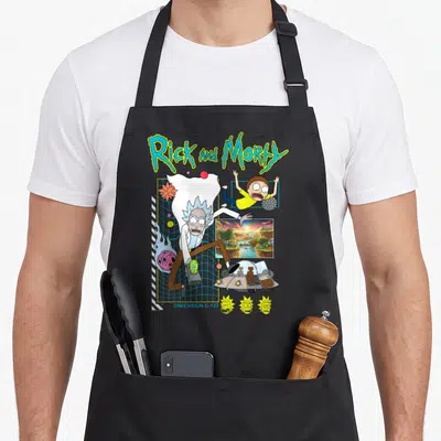 Scene cartoon apron - Rick and Morty running over blue grid with portal gun and DIMENSION C-137 text — shown on a black cotton canvas apron against a white background