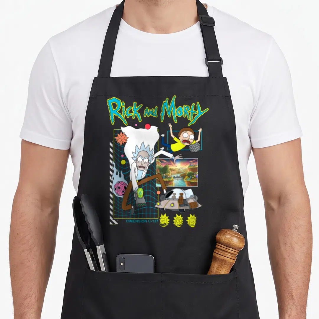 Scene cartoon apron - Rick and Morty running over blue grid with portal gun and DIMENSION C-137 text — shown on a black cotton canvas apron against a white background