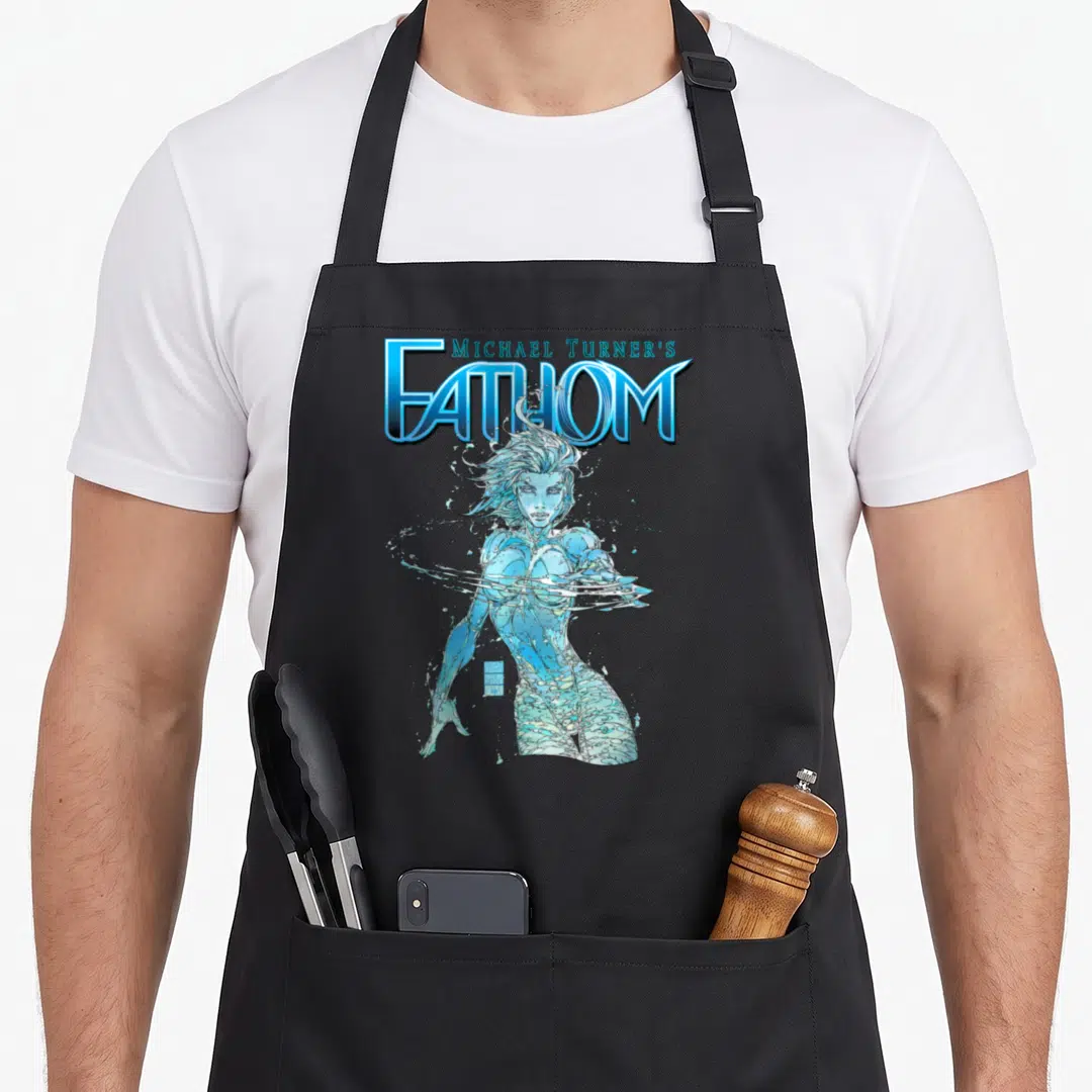 Turner michaels apron - Michael Turner's Fathom logo above blue and white water woman cartoon illustration — shown on a black cotton canvas apron against a white background