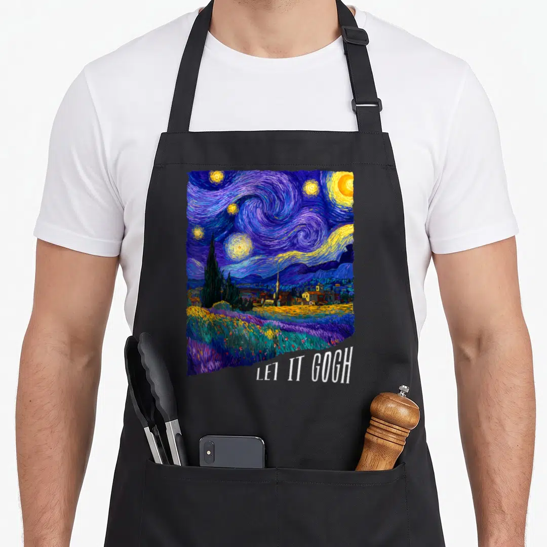 Vincent starry night van gogh apron - Starry Night watercolor print with white LET IT GOGH text at bottom — shown on a black cotton canvas apron against a white background