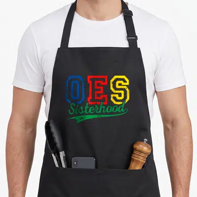 Oes mother's day aprons - Distressed OES in blue red yellow and Sisterhood in green script text — shown on a black cotton canvas apron against a white background