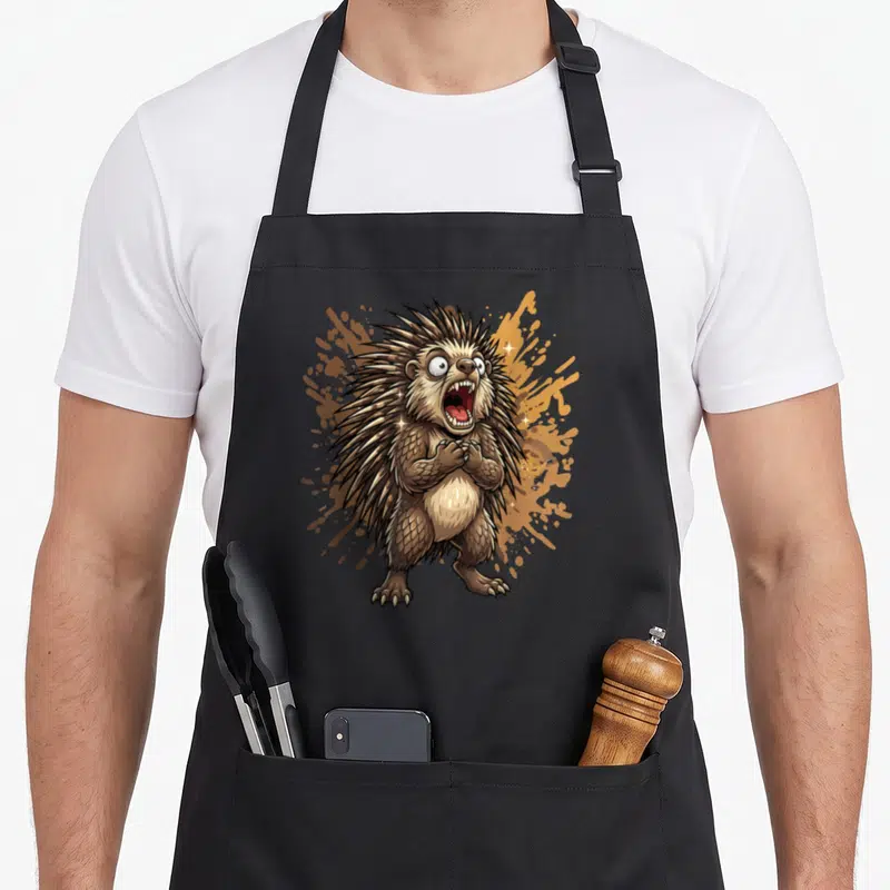 Porcupine cartoon apron - Screaming hedgehog in brown orange tan splatter cartoon style no text — shown on a black cotton canvas apron against a white background