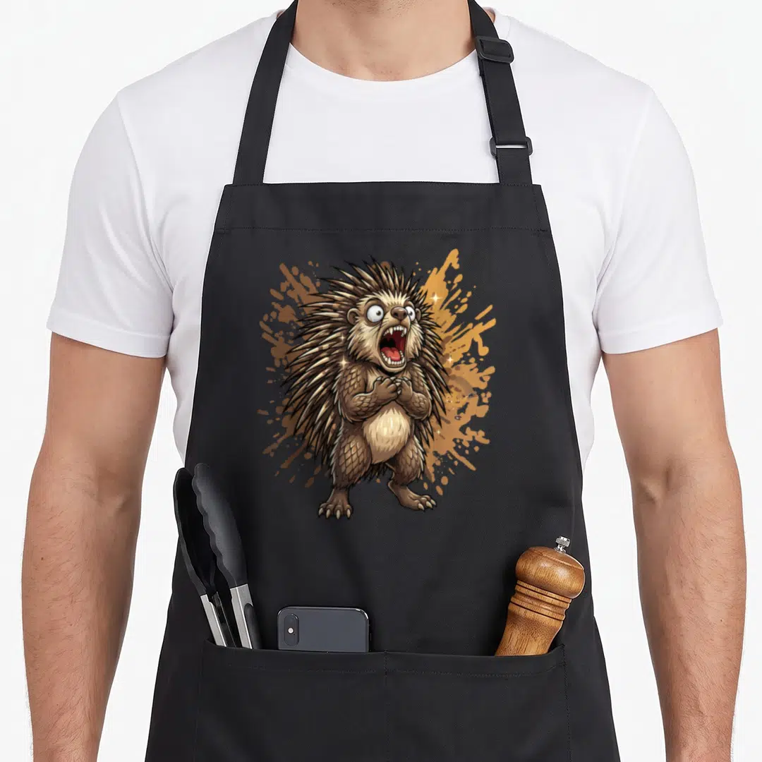 Porcupine cartoon apron - Screaming hedgehog in brown orange tan splatter cartoon style no text — shown on a black cotton canvas apron against a white background