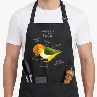 Anatomy bird apron - Watercolor caique bird with labels flappy arms and dancing pantaloons — shown on a black cotton canvas apron against a white background
