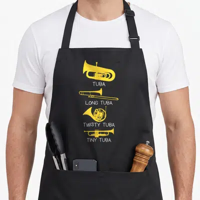 Tubas tuba apron - Four yellow brass instruments labeled TUBA, LONG TUBA, TWISTY TUBA, TINY TUBA in vertical stack — shown on a black cotton canvas apron against a white background